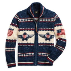 RRL By Ralph Lauren Logo Cotton-Blend Full-Zip Cardigan Indigo Cream Multi