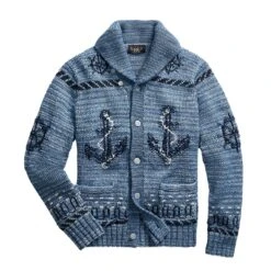 RRL By Ralph Lauren Hand Knit Shawl Cardigan Blue Indigo