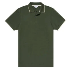 Sunspel Cotton Pique Contrast Tipped Polo Shirt Dark Khaki / Ecru